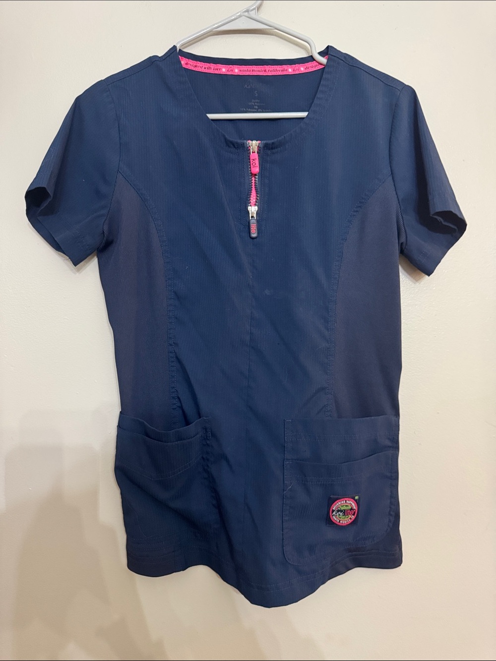 koi Navy Short Sleeve Medical Scrub Top with Pink Trim